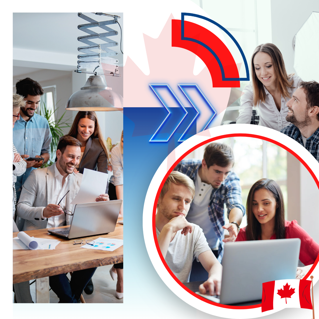 Canadians business people happily working in groups.