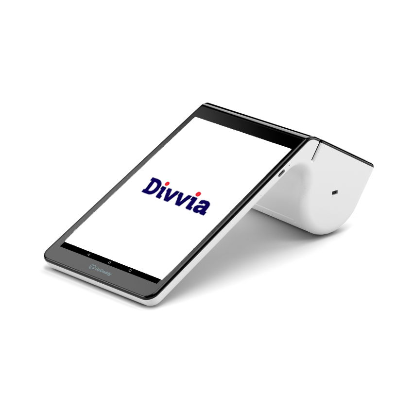 Poynt C point of sale smart terminal device with Divvia's logo
